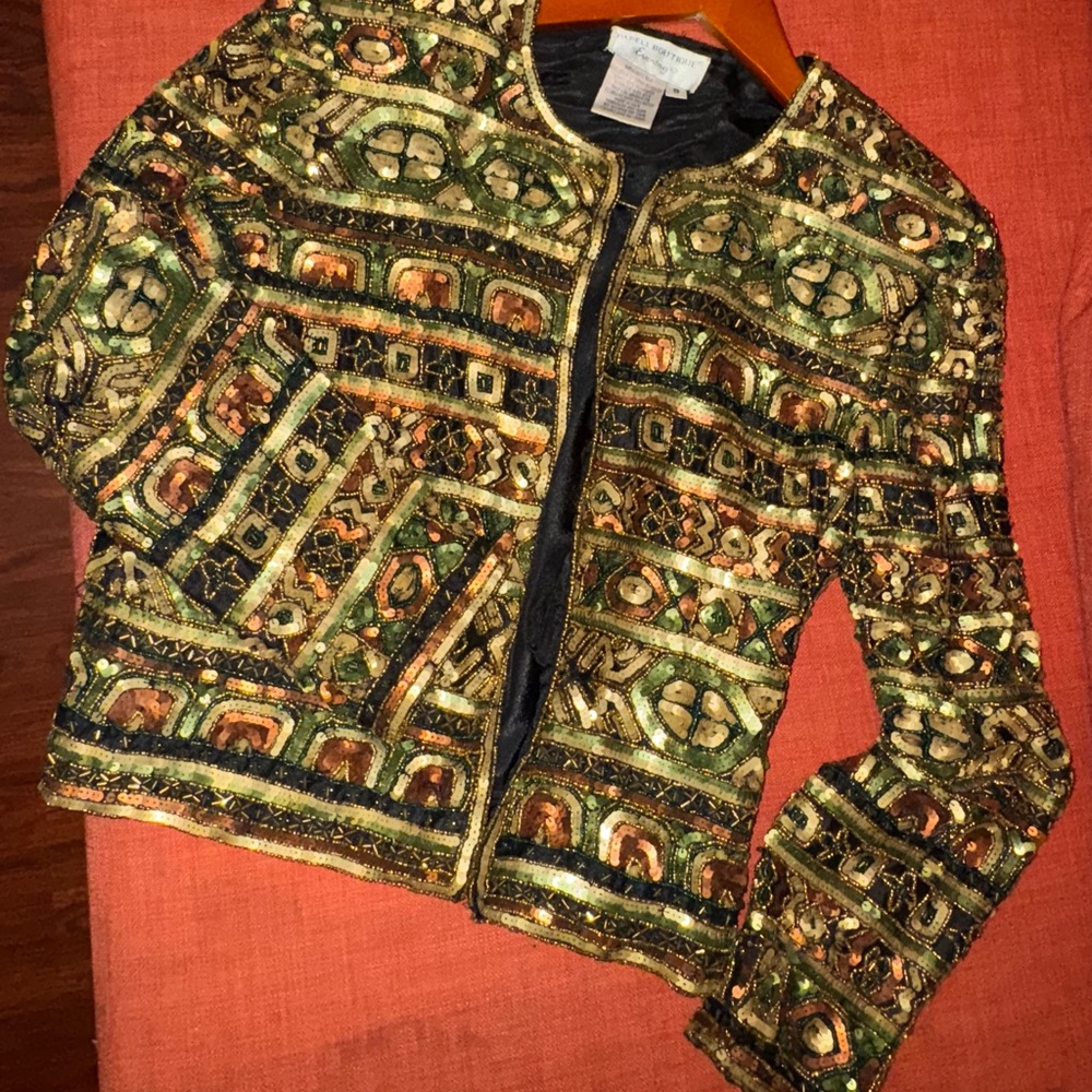 VTG Beaded Sequin Evening Jacket Small '80s Adrianna Papell Boutique 100% Silk